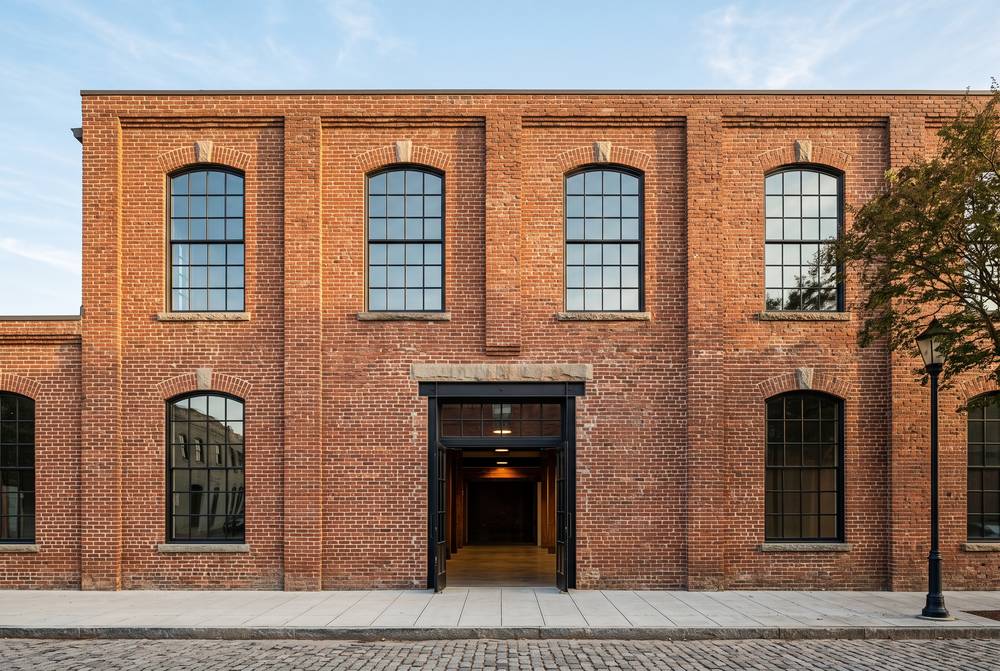 The brick facade of a restored warehouse with tall arched windows and an open doorway