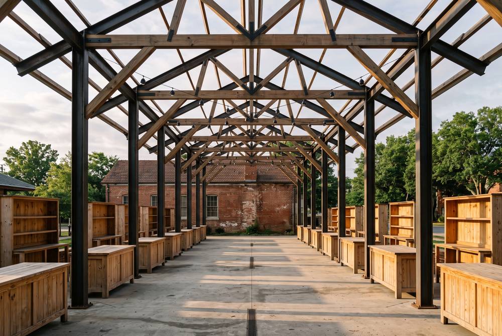 An open-air market pavilion at dawn with empty wooden stalls and string lights overhead