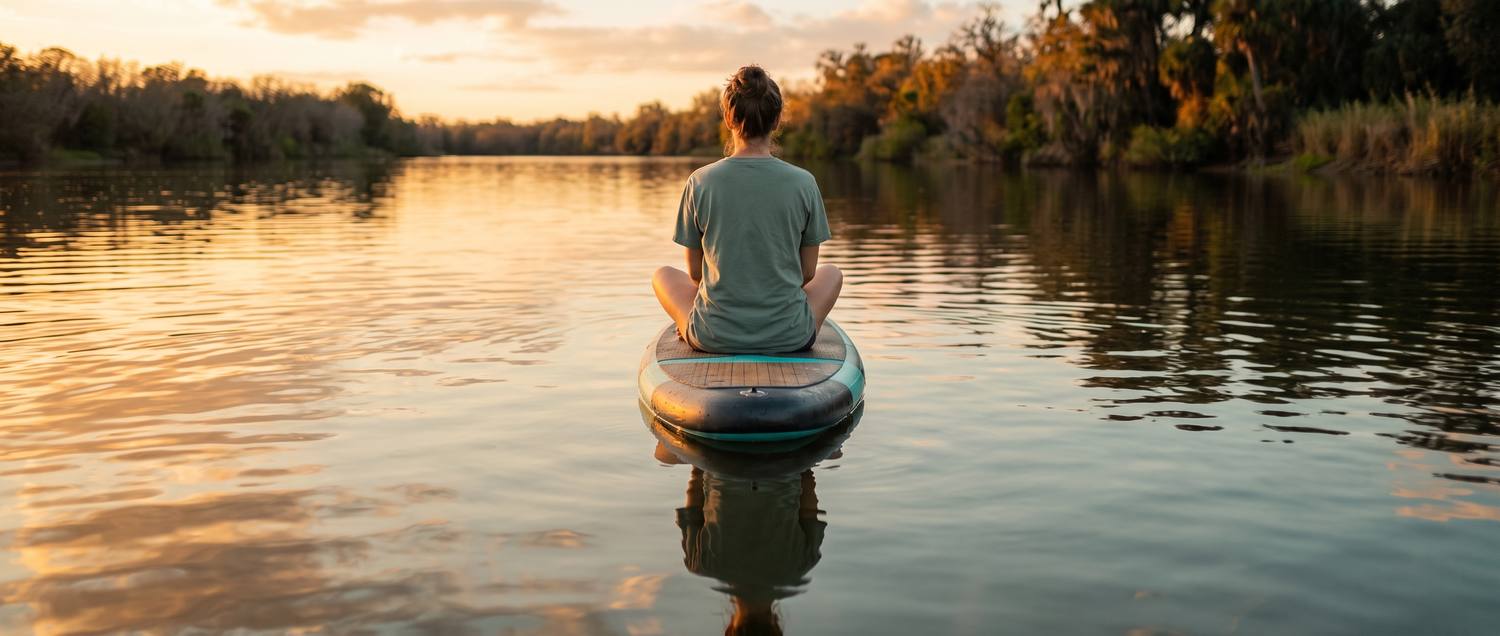 A person sitting cross-legged on a paddleboard on calm river water at golden hour, seen from behind